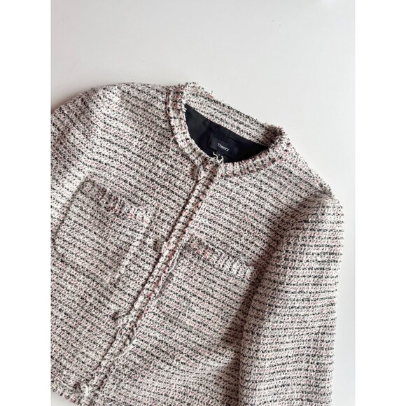 THEORY Preston Tweed Coral Multi Fringed Boxy Cropped Jacket, Size 6 - Picture 6 of 16